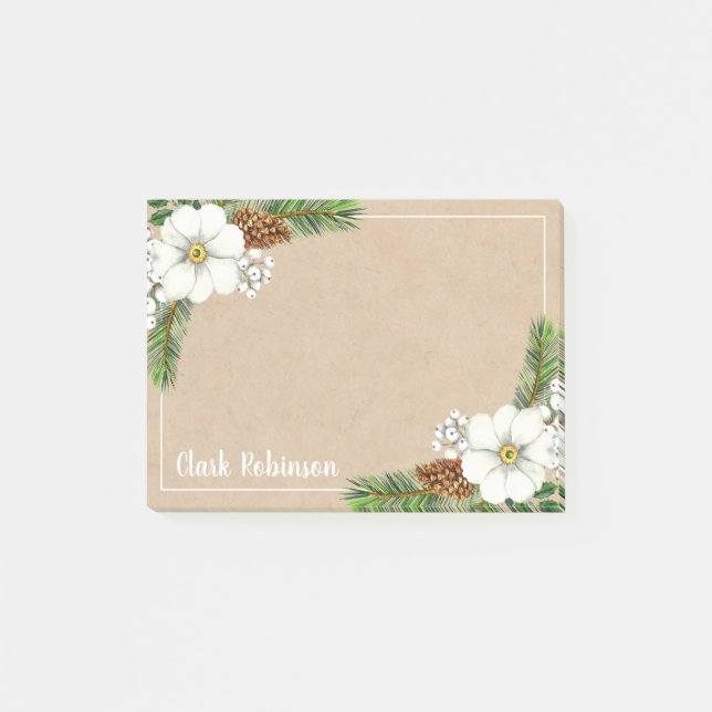 Kraft Paper Pinecone White Floral Post-it Notes (Front)