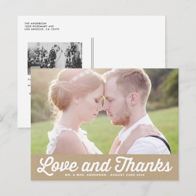Kraft Paper Retro Script Photo Wedding Thank You Postcard (Front/Back)