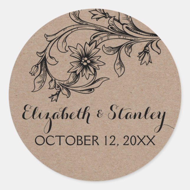 Kraft paper rustic floral wedding Save the Date Classic Round Sticker (Front)