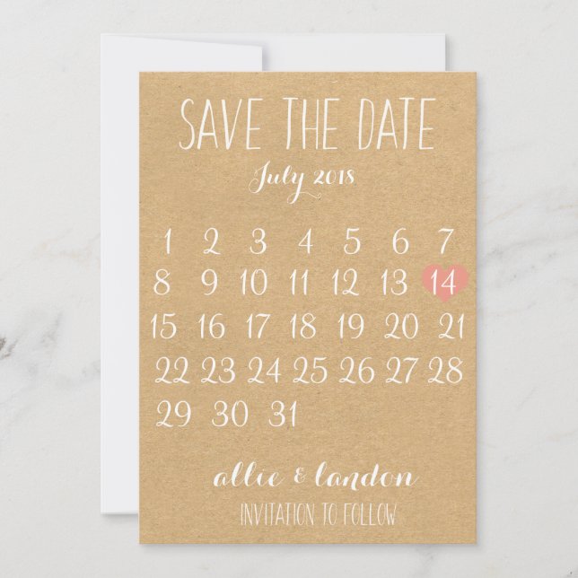 Kraft Paper Save The Date Calendar (Front)
