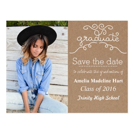 Kraft Paper Script Graduate | Save The Date Photo Postcard