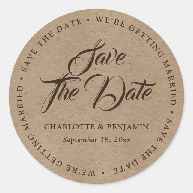 Kraft Paper Script Rustic Wedding Save The Date Classic Round Sticker (Front)