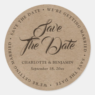 Kraft Paper Script Rustic Wedding Save The Date Classic Round Sticker