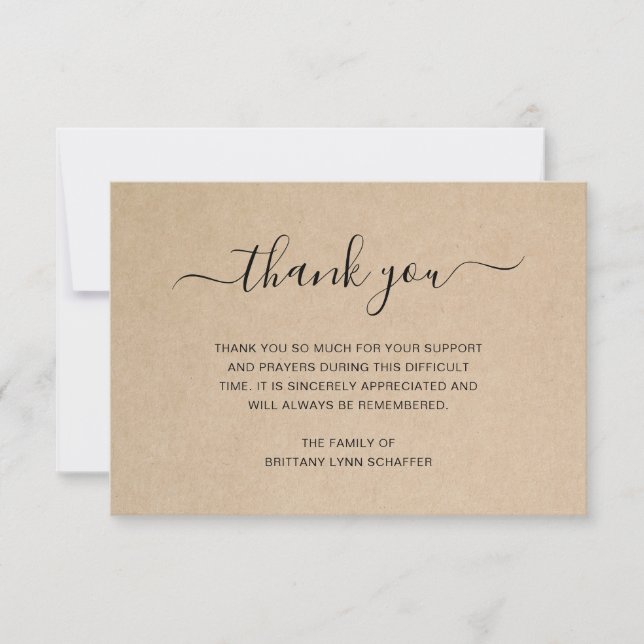 Kraft Paper Simple Elegant Funeral Sympathy Thank You Card (Front)
