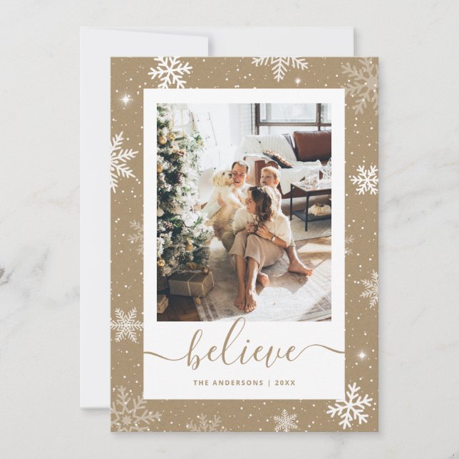 Kraft Paper Snowflake Photo Believe Holiday Card (Front)