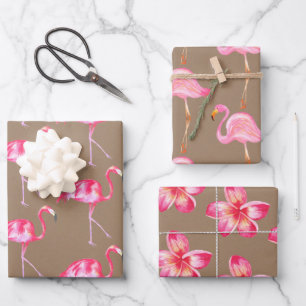 Kraft Paper Watercolor Pink Flamingoes Floral