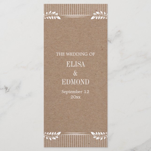 Kraft paper wedding program with white leaves programme (Front)