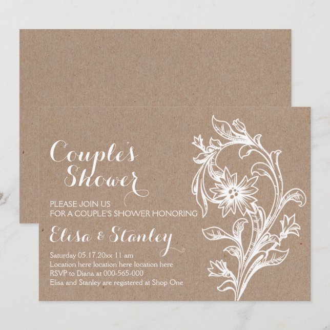 Kraft paper white floral wedding couples shower invitation (Front/Back)