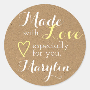 Kraft Paper Yellow Simple Made with Love Heart Classic Round Sticker