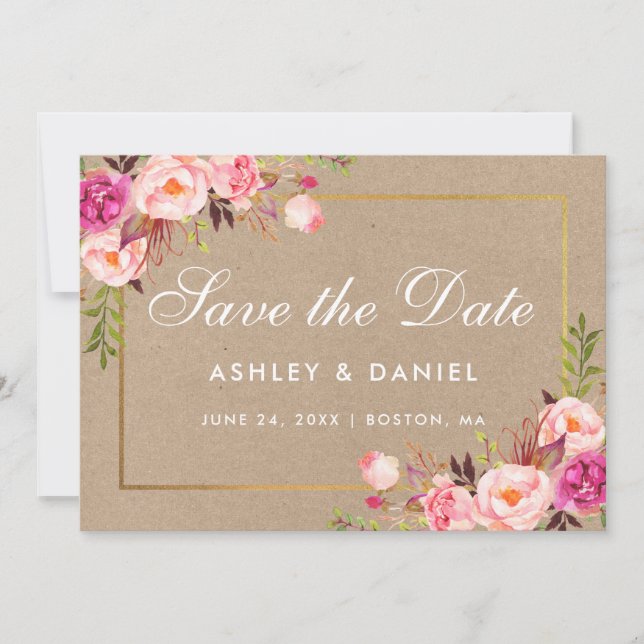 Kraft Pink Blush Floral Gold Save The Date Card (Front)