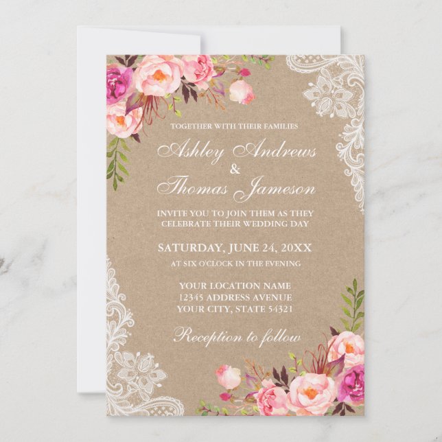 Kraft Pink Blush Floral Lace Wedding Invite (Front)