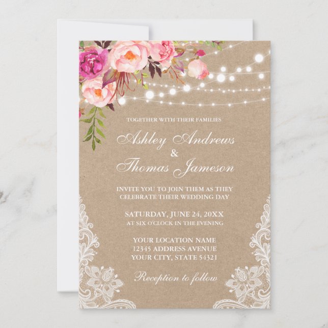 Kraft Pink Blush Floral Lights Lace Wedding Invite (Front)
