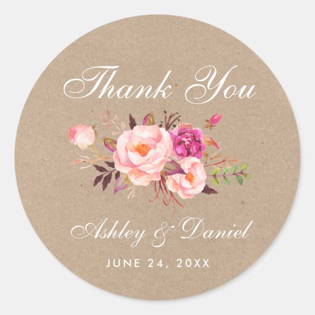 Kraft Pink Blush Floral Wedding Thank You Classic Round Sticker (Front)