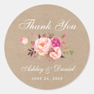 Kraft Pink Blush Floral Wedding Thank You Classic Round Sticker
