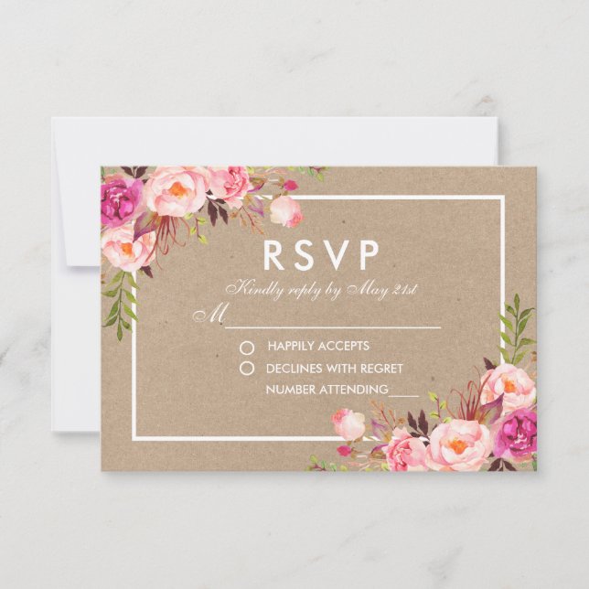Kraft Pink Blush Watercolor Floral RSVP Wedding (Front)