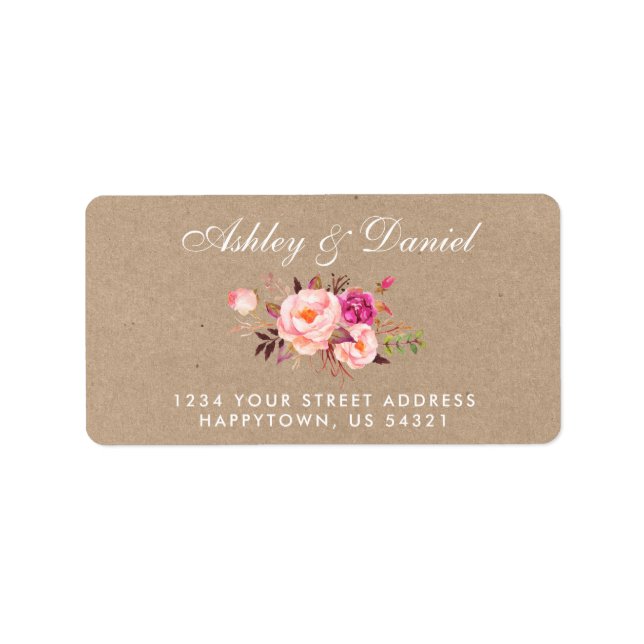 Kraft Pink Blush Watercolor Floral Wedding Address Label (Front)