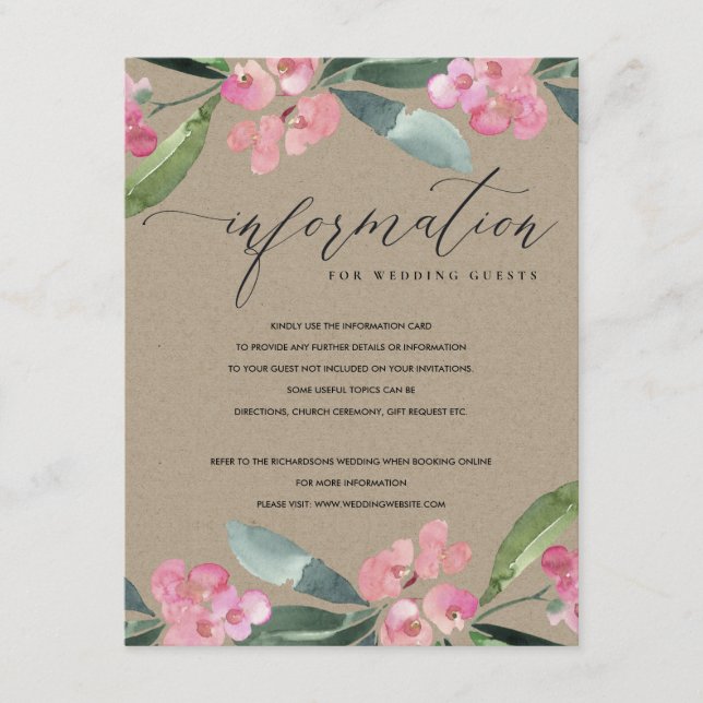 KRAFT PINK CHRIST THORN BLOOM WEDDING INFORMATION ENCLOSURE CARD (Front)