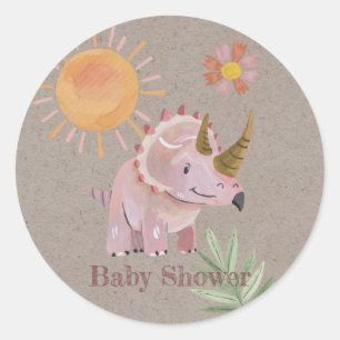 Kraft Pink Dinosaur Painted Girl Baby Shower Classic Round Sticker