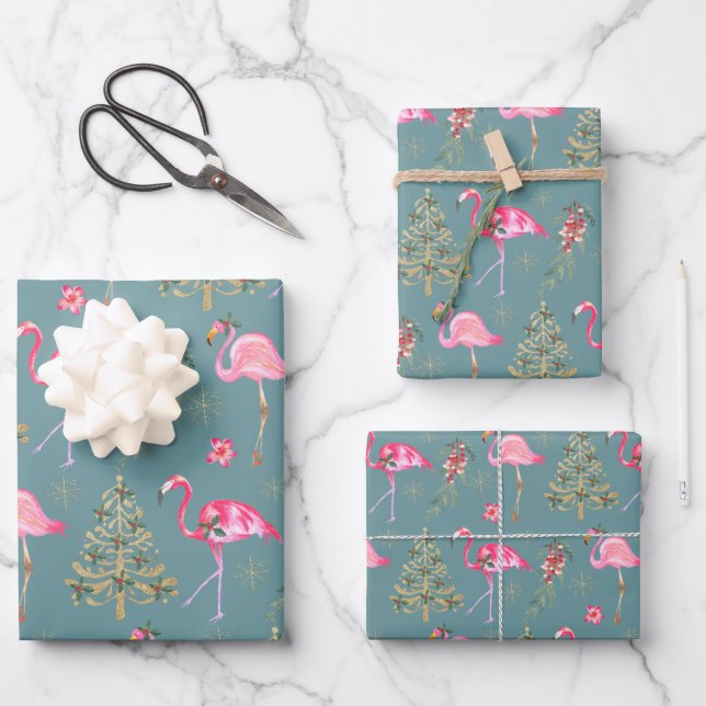 Kraft Pink Flamingos Mingling At A Christmas Party Wrapping Paper Sheet (Front)