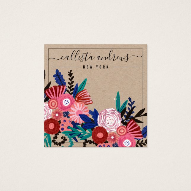 Kraft Pink Floral Cursive Earring Display Card (Front)