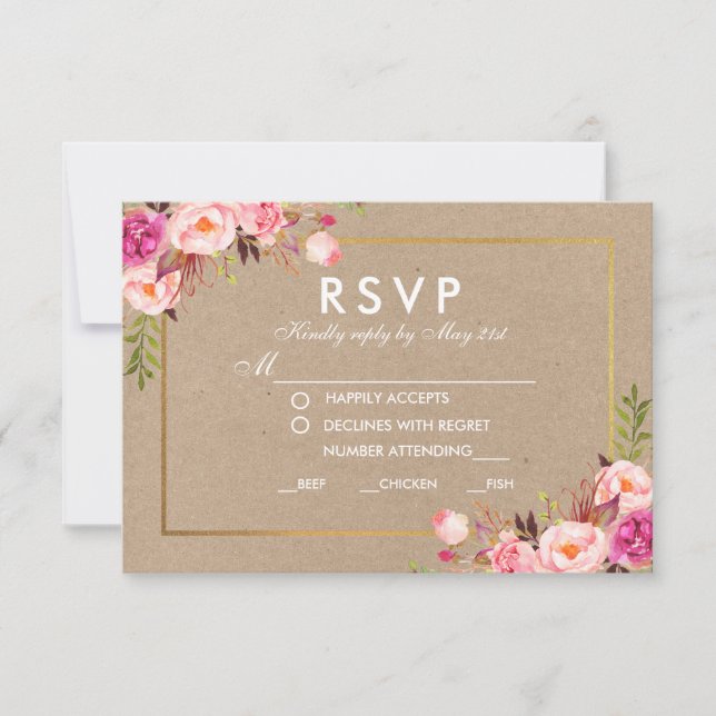 Kraft Pink Floral Gold RSVP Wedding Meal Card (Front)