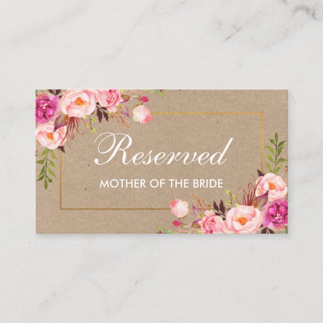 Kraft Pink Floral Gold Wedding Reserved Name Place Card (Front)