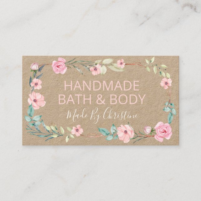 Kraft Pink Flowers Handmade Spa, Bath And Body Business Card (Front)