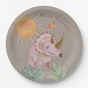 Kraft Pink Triceratops Dinisaur Girl Baby Shower Paper Plate