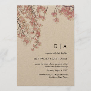 Kraft Pink watercolor Cherry Blossom Wedding Invitation