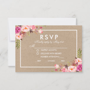 Kraft Pink Watercolor Floral RSVP Wedding Meal Card