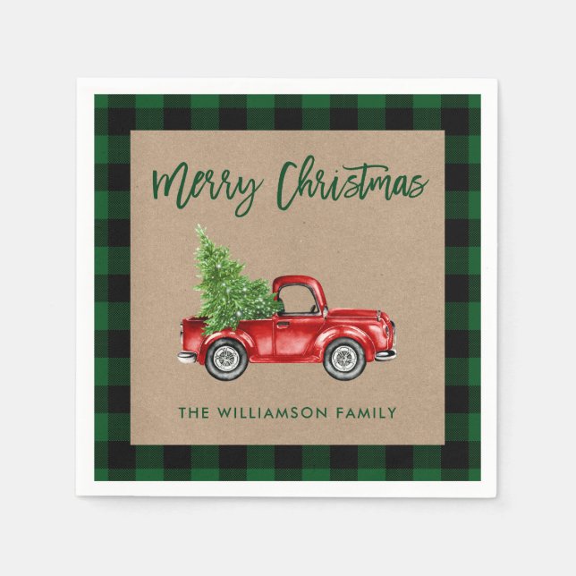 Kraft Plaid Brush Script Christmas Vintage Truck Napkin (Front)