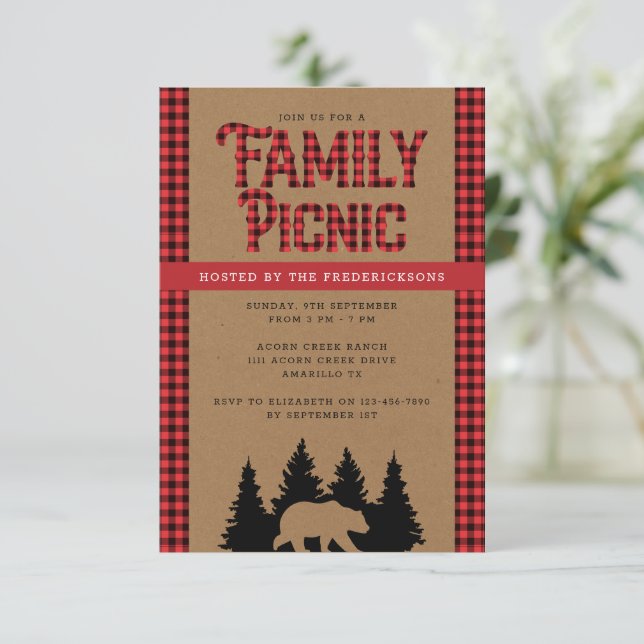 Kraft Plaid Rustic Family Picnic Invitation (Standing Front)