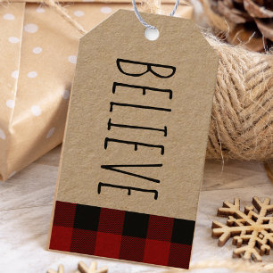 Kraft Red Buffalo Plaid & Believe Christmas Gift Gift Tags