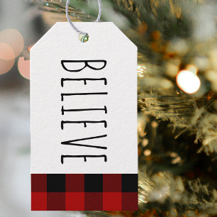 Kraft Red Buffalo Plaid & Believe Christmas Gift Tags