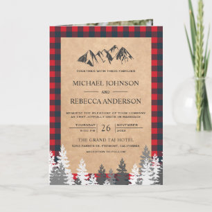 Kraft Red Buffalo Plaid Mountain QR Code Wedding Invitation