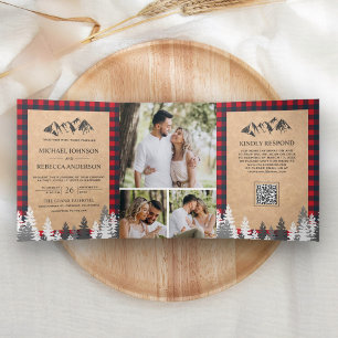 Kraft Red Buffalo Plaid Mountain QR Code Wedding Tri-Fold Invitation