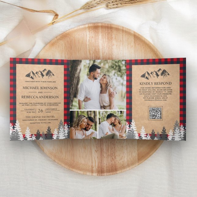 Kraft Red Buffalo Plaid Mountain QR Code Wedding Tri-Fold Invitation (Creator Uploaded)