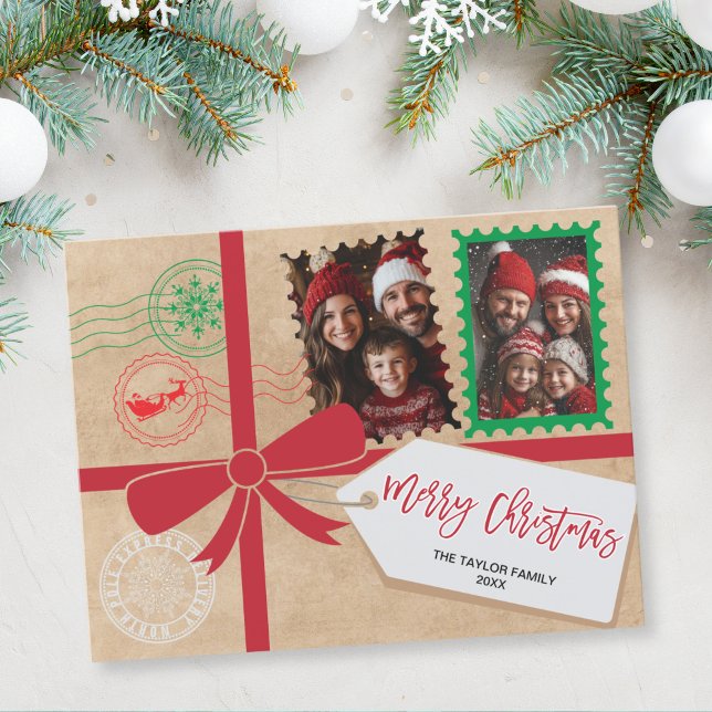 Kraft Red Green Gift Bow Photo Merry Christmas Holiday Postcard (christmas card designed to look like a gift with a ribbon and bow)