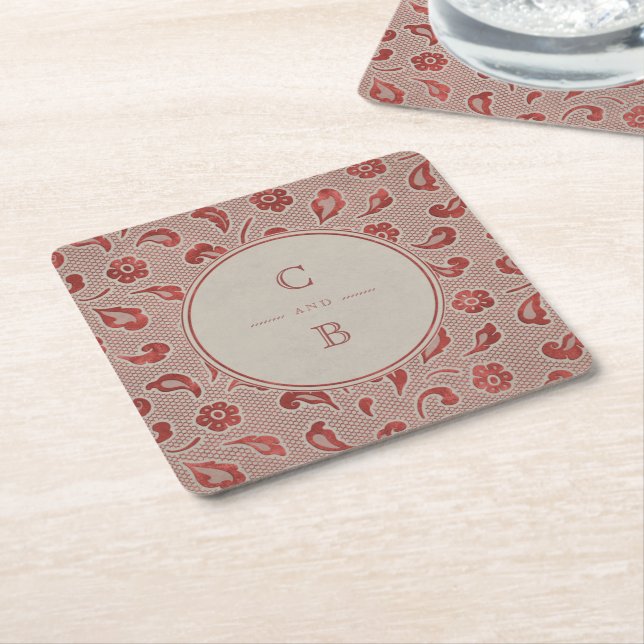 Kraft red Lace rustic country wedding monogram Square Paper Coaster (Angled)