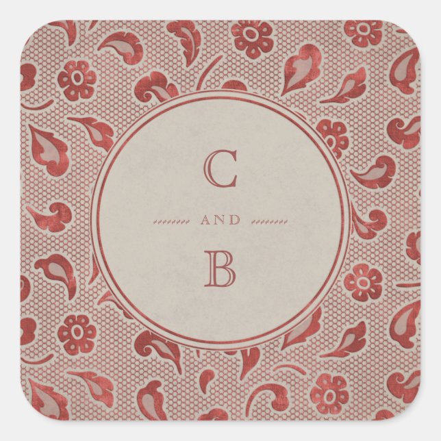 Kraft red Lace rustic country wedding monogram Square Sticker (Front)