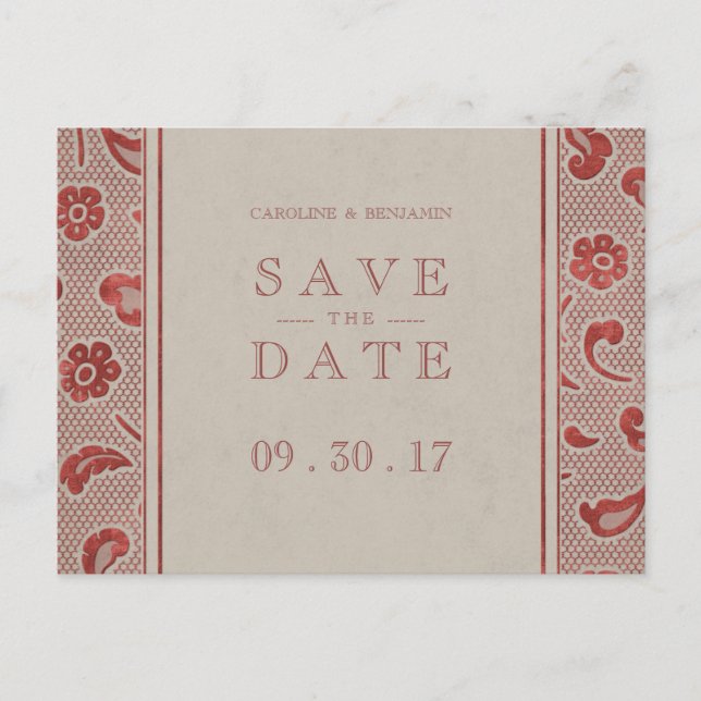 Kraft red Lace rustic wedding save the date Announcement Postcard (Front)