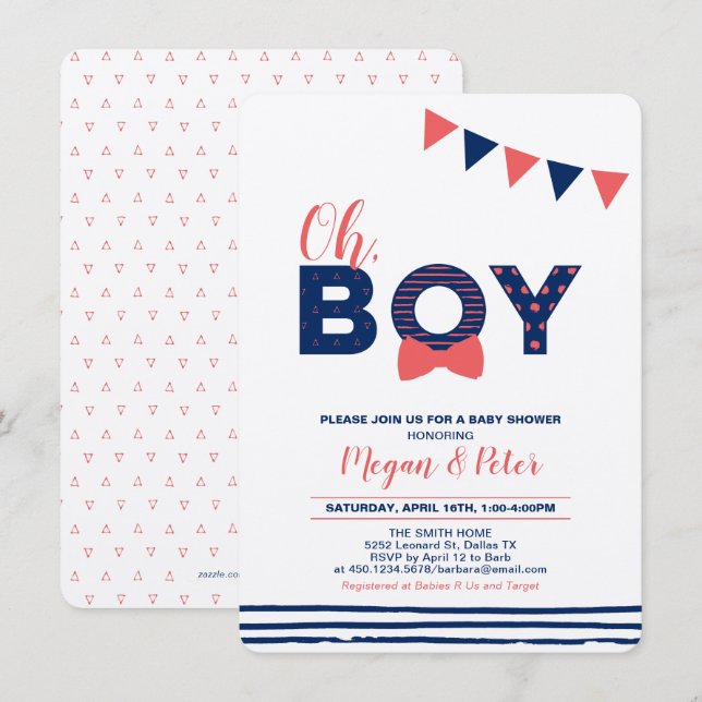 Kraft, Red & Navy | Modern "Oh Boy" Baby Shower Invitation (Front/Back)
