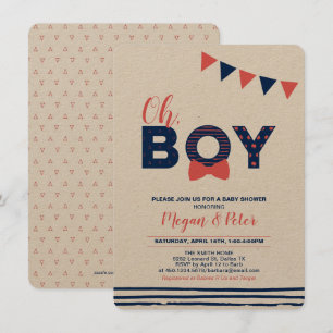 Kraft, Red & Navy Modern "Oh Boy" Baby Shower Invitation