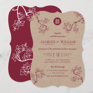 Kraft & Red Plum Blossoms 囍 Modern Asian Wedding Invitation