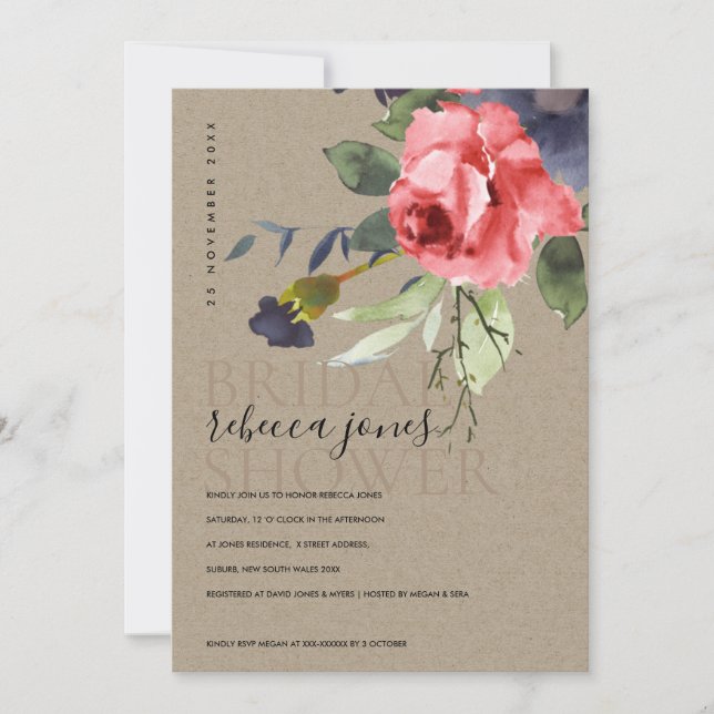 KRAFT RED ROSES EUCALYPTUS FLORAL BRIDAL SHOWER ANNOUNCEMENT (Front)