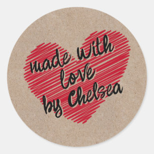Kraft Red Sketchy Heart "Made with Love" Sticker