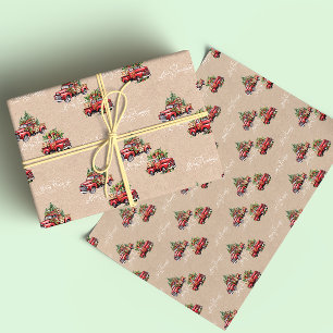 Kraft Red Truck Christmas Tree Merry Christmas  Wrapping Paper Sheet