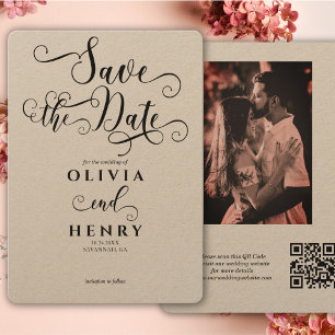 Kraft Romantic Calligraphy Script Photo QR Code Save The Date