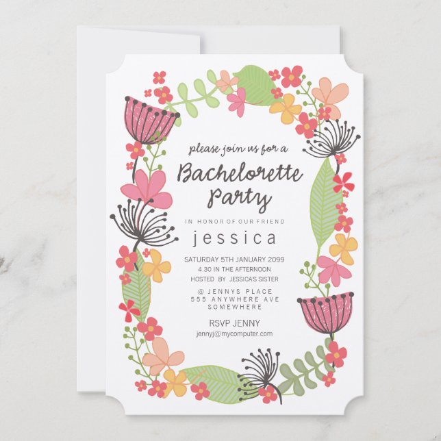 Kraft Rustic Floral Border Bachelorette Party Invi Invitation (Front)