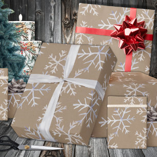 Kraft Rustic Hand-Drawn Icy White Snowflakes Wrapping Paper Sheet